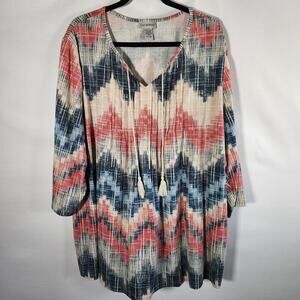 Catherines Popover Linen Blend Blouse Size 3X Southwestern Tasseled 3/4 Sleeve